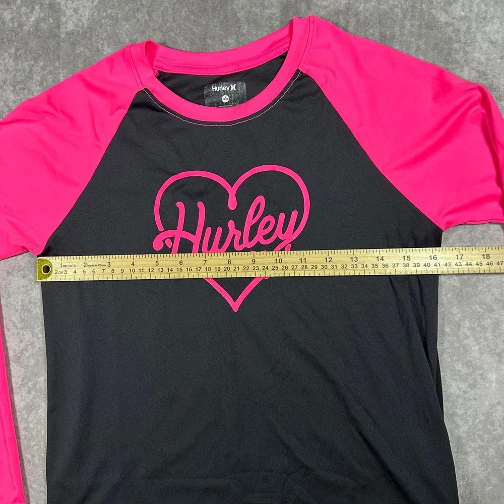 Hurley Girls Rash Guard Long Sleeve UPF 50 Swim Shirt Pink Black Heart L 14/16